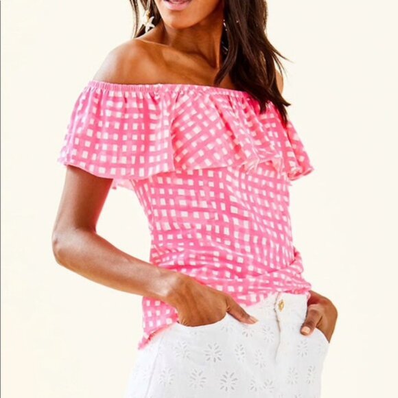 Lily Pulitzer Hot Pink Plaid Off the Shoulder Blouse (Size M) - Picture 1 of 4